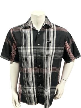 Averix Men’s Button Up Shirt Striped Black Red Plaid Button Up Short Sleeve M